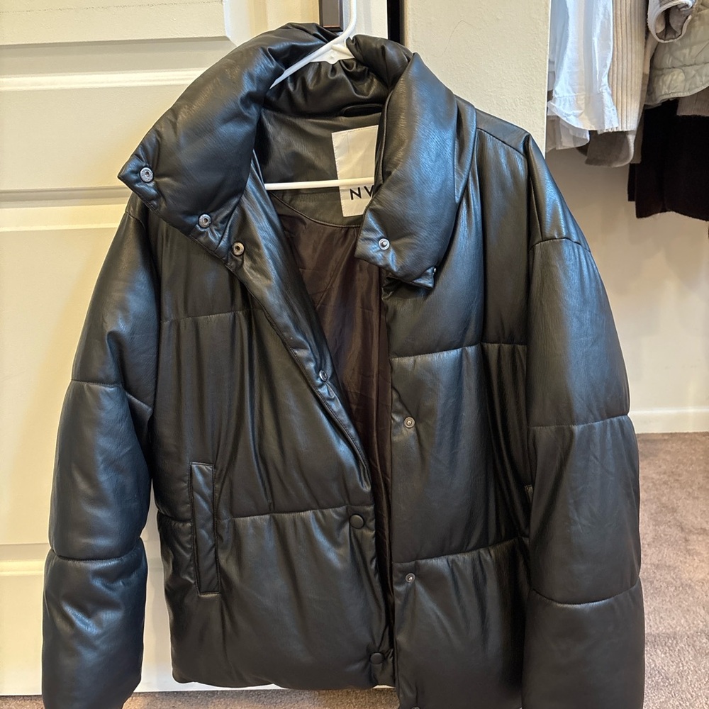 NVLT black faux leather puffer jacket